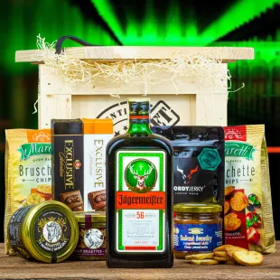 Jägermeister ajándékláda | Szabványos fedél, Fedél gravírozott szöveggel, Fedél karácsonyi motívummal