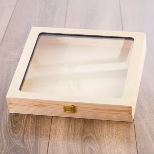 Üres fa ajándékdoboz üveg fedéllel 30x26 cm