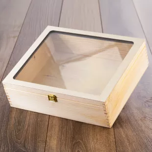 Üres fa ajándékdoboz üveg fedéllel 34x25 cm