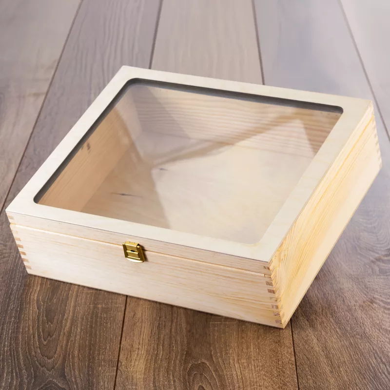 Üres fa ajándékdoboz üveg fedéllel 34x25 cm