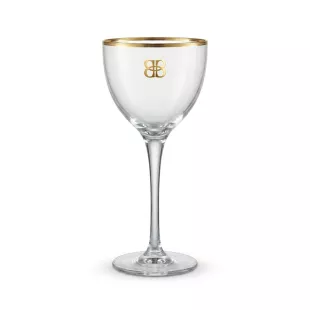 Eredeti szárral rendelkező Baileys pohár arany logóval és peremmel, fehér háttéren.