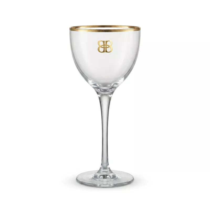 Eredeti szárral rendelkező Baileys pohár arany logóval és peremmel, fehér háttéren.